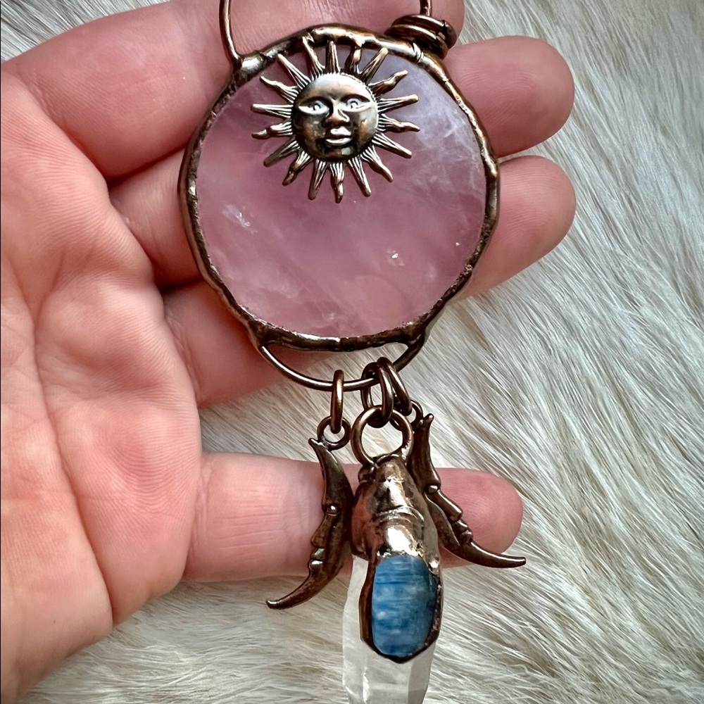 Soldered Sun & Moon Rose Quartz, Clear Quartz & Kyanite Crystal Necklace
